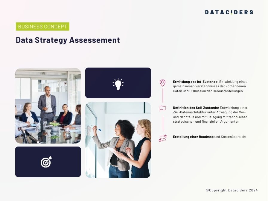 Auszug der Case Study zum Data Strategy Assessment. Auf dem Bild wird der Aufbau des Datenstrategie Assessment dargestellt: 1. Ermittlung des ist-Zustands, 2. Definition des Soll-Zustands; 3. Erstellung einer Roadmap.