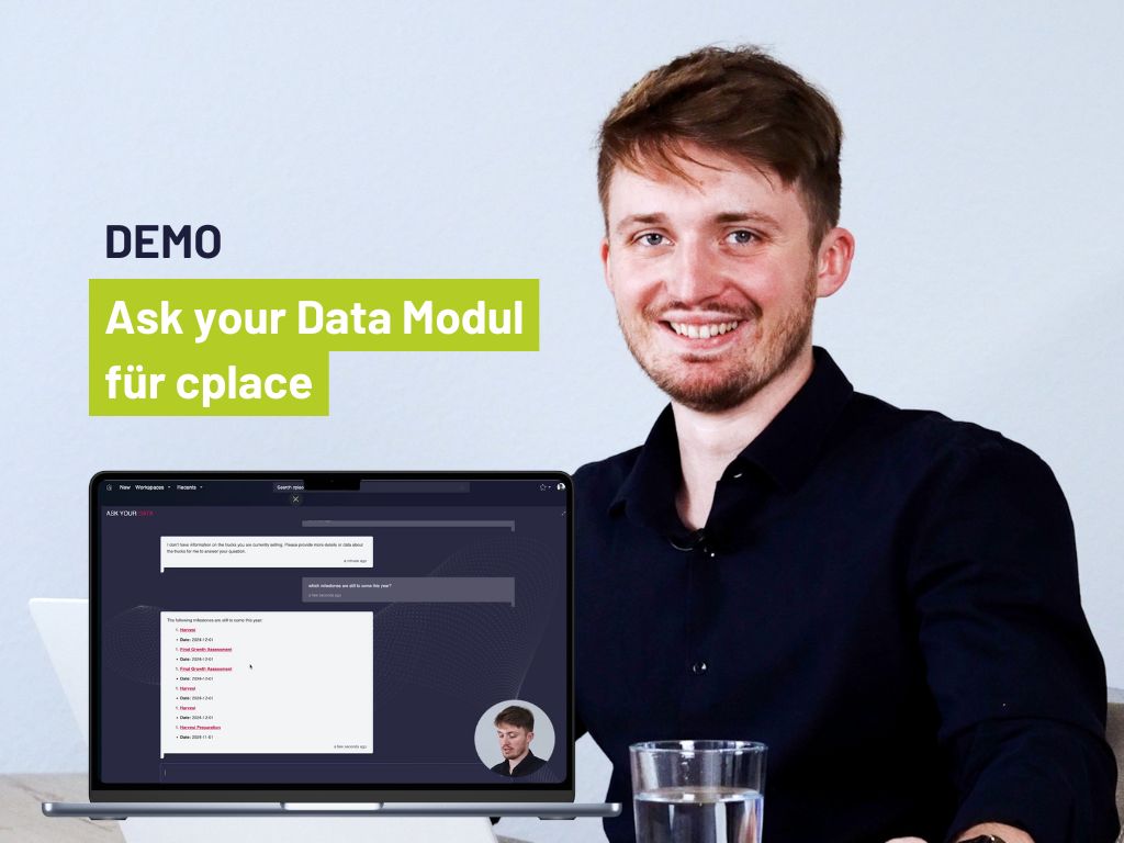 Vorschau der Demo des cplace AI-Modul mit der Headline "Ask you Data Modul für cplace". Auf dem Bild ist der Referent der Demo Torben Karla von Dataciders zu sehen.