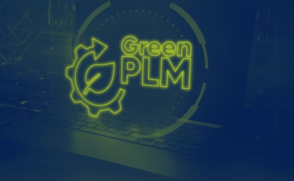 Bild mit der Aufschrift "Green PLM", im Hintergrund ist ein Laptop zu sehen; futuristische Darstellung von grüner Kreislaufwirtschaft