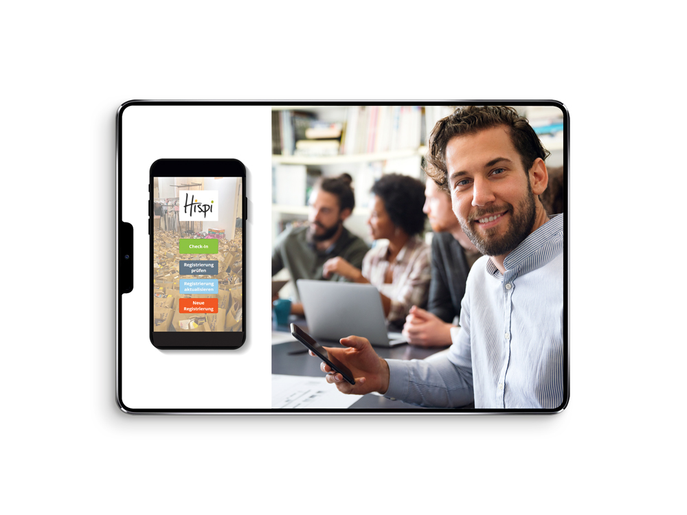Tablet Mockup mit einer Abbildung der Startseite der App von Hispi als Sachspenden Tool und dem Bild von einem Mann, welcher ein Smartphone verwendet.