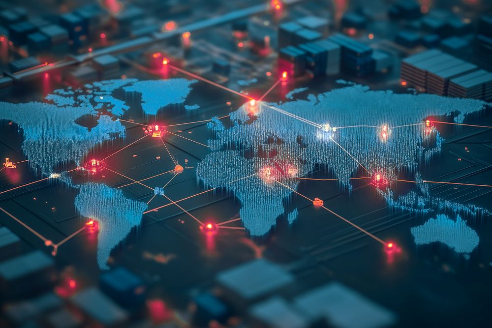 Ki-generiertes Bild einer Weltkarte mit Transportgütern ; darüber liegt symbolisch ein Netzwerk, der verschiedene Punkt der Weltkarte miteinander verbindet