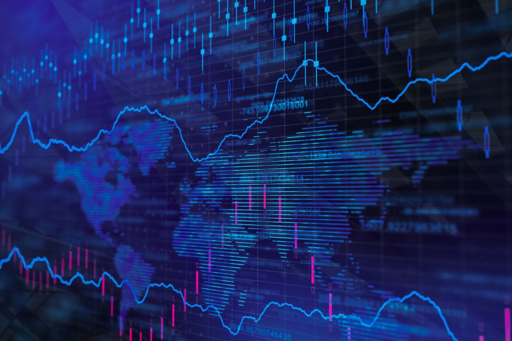 Weltkarte mit Datenströmen und Datenlinien, KI-generiert