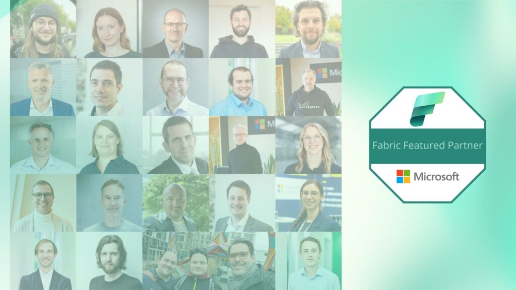 Collage featuring Datacider employees and the logo for the Microsoft Fabric Featured Partnership
