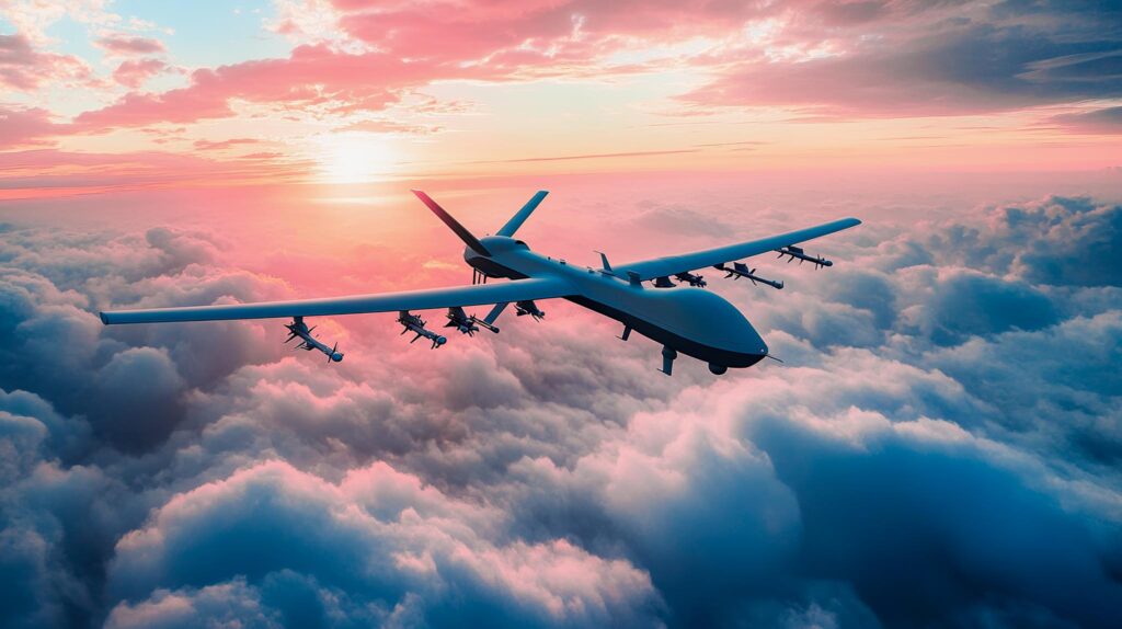 Drone, UVA, flying above clouds at sunset